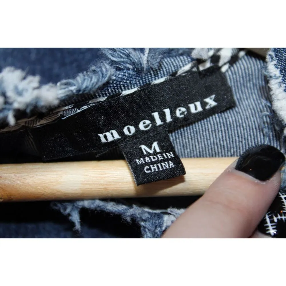 NWOT Womens Moelleux Blue Black White Denim Long Sleeve V - Image 3