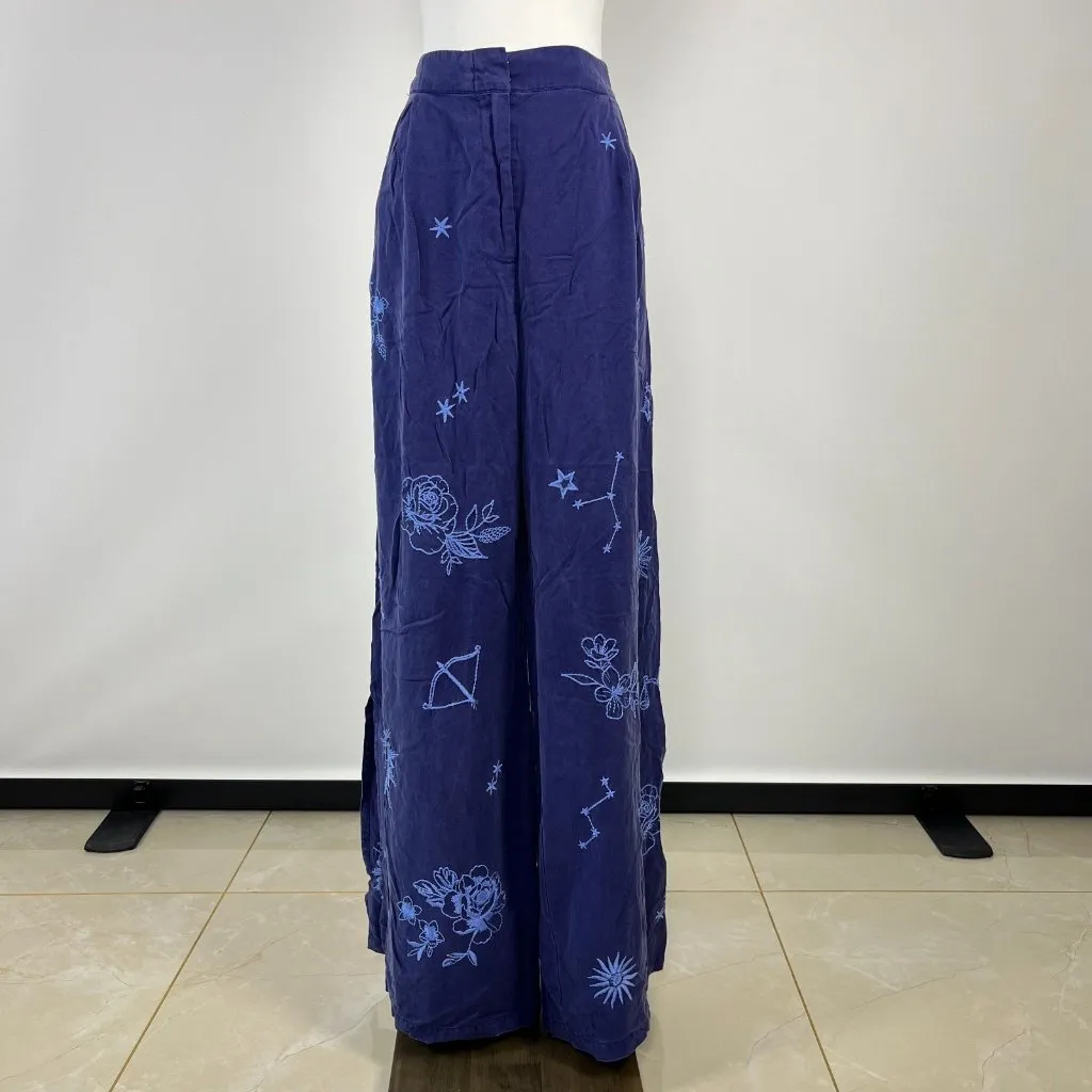 NWOT Johnny Was Wide Leg Embroidered Floral Pants Size L Blue Elastic waist - Image 5