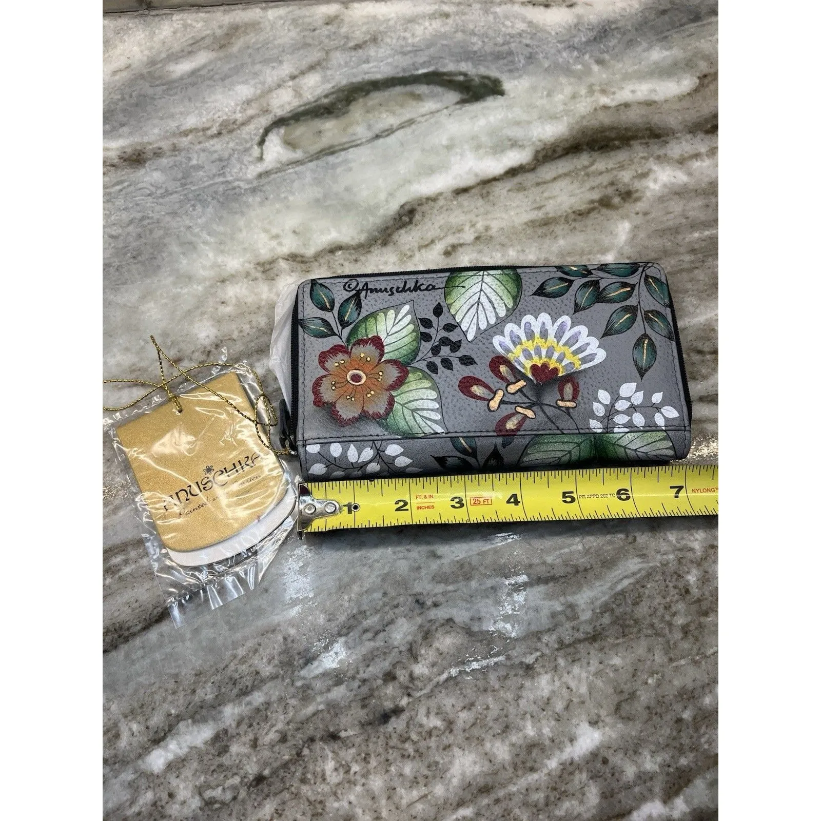 Anuschka Women's Hand Painted Wallet Floral Design Gray Green Leaves - Image 5