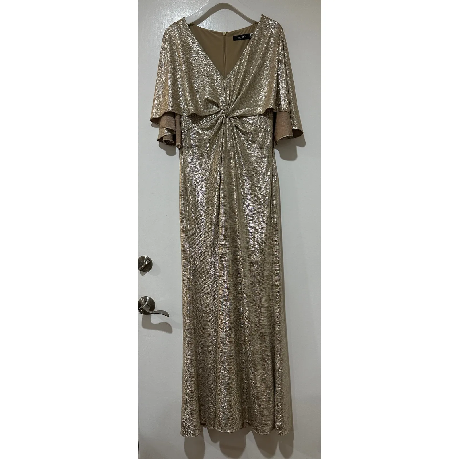 Lauren Ralph Lauren Foil Print Jersey Cape Gown Gold Size 8 NWT - Image 2