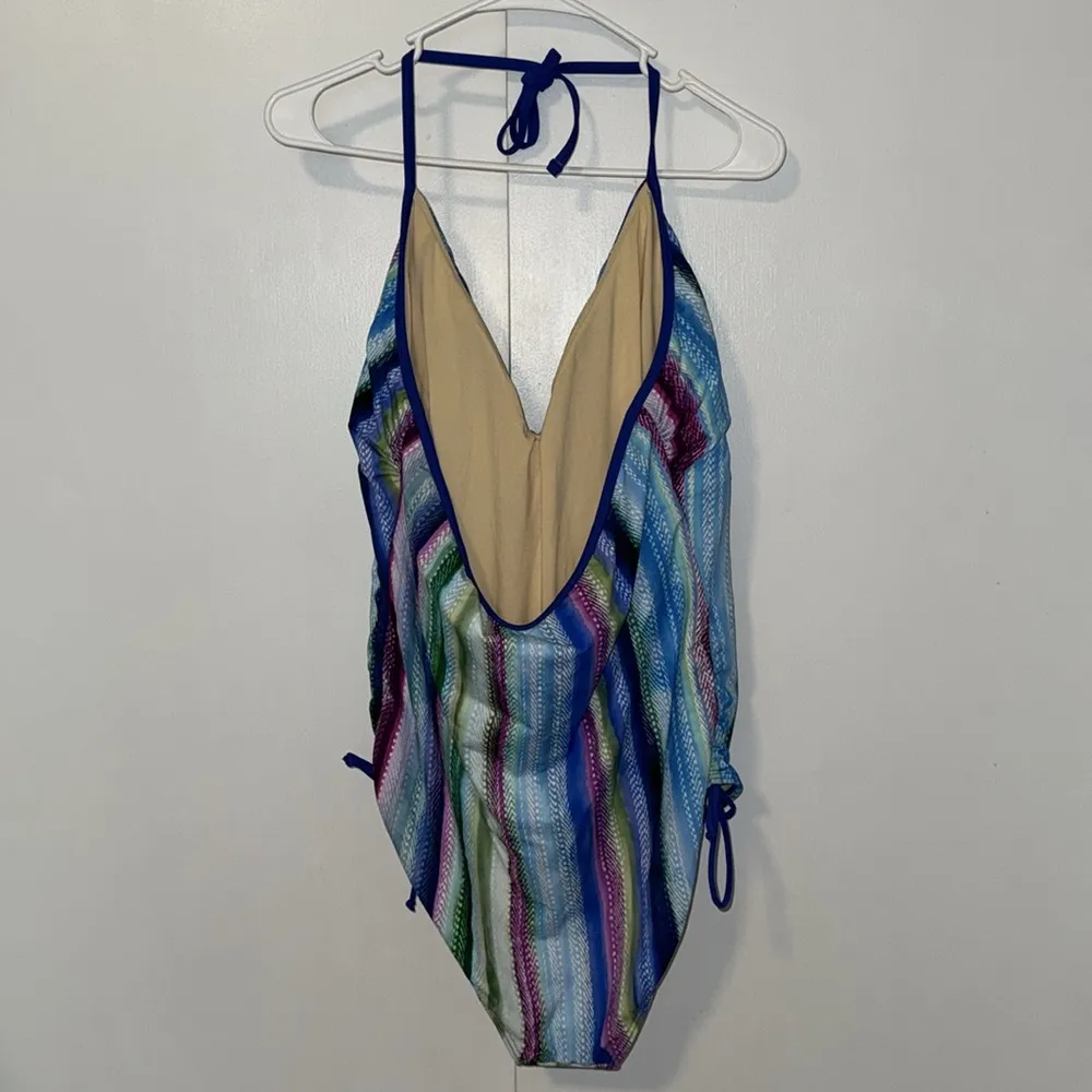 Swimsuits For All Striped Halter One Piece Swimsuit Women’s 18 Tummy Control UPF Blue - Image 4