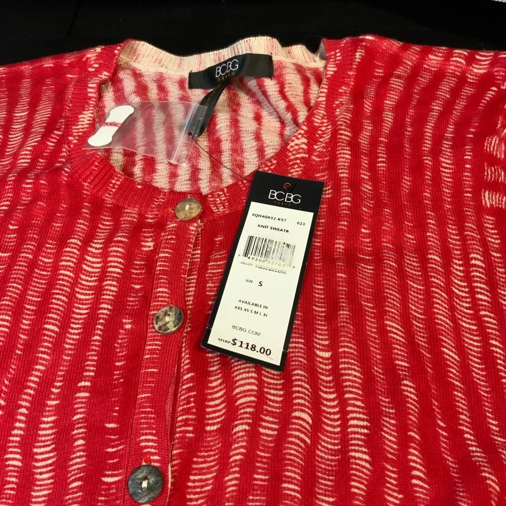 BCBG Women’s Red Striped Lightweight Cardigan Sweater NWT SZ Small Office Chic - Image 4