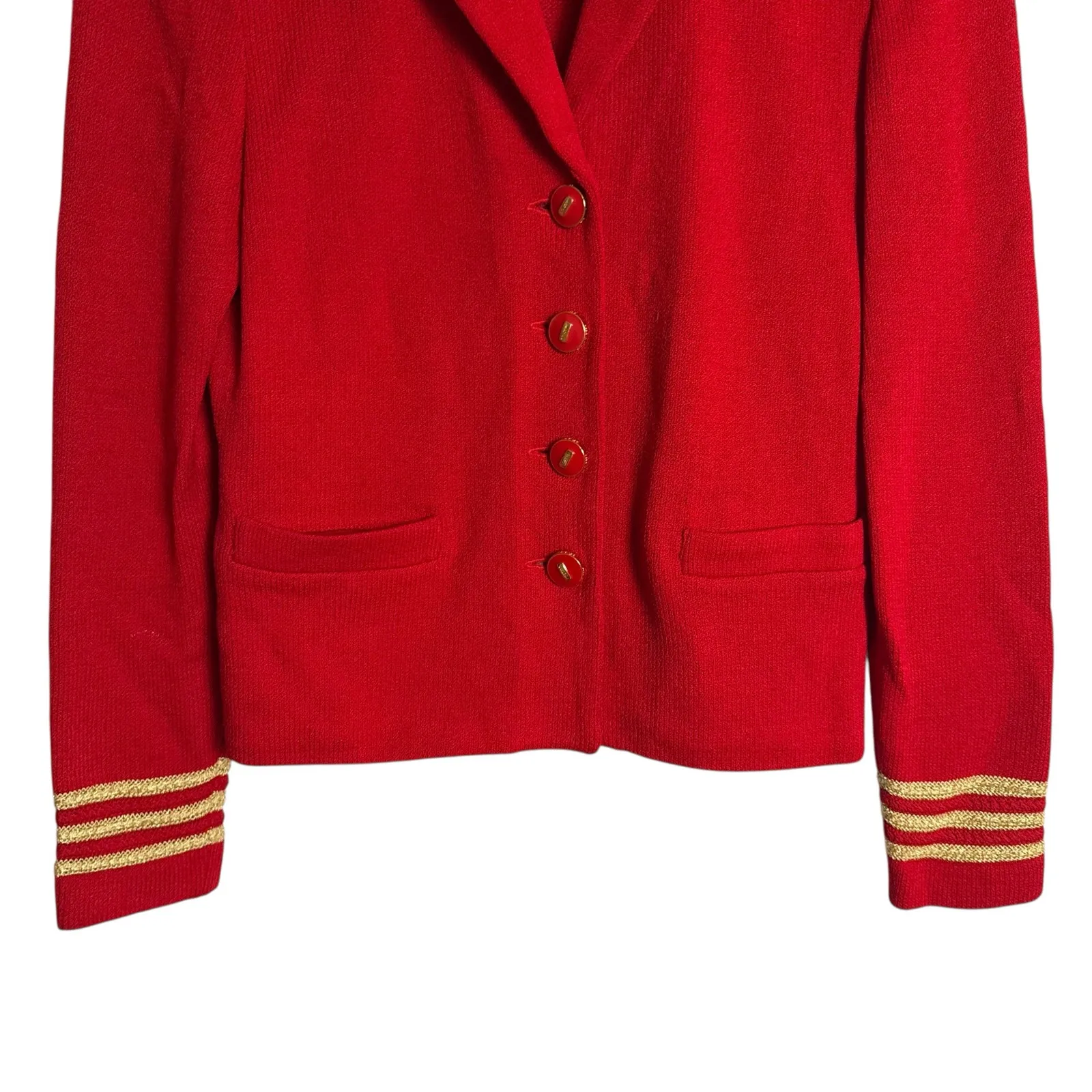 St. John Collection Red Knit Gold Stripe Trim Notch Collar Button Front Jacket 2 - Image 3