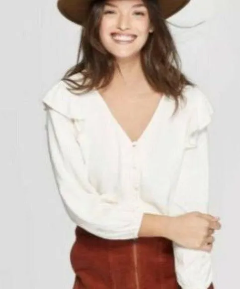 Universal Thread Double Ruffle Long Sleeve Deep V-Neck Top Cream - Image 2