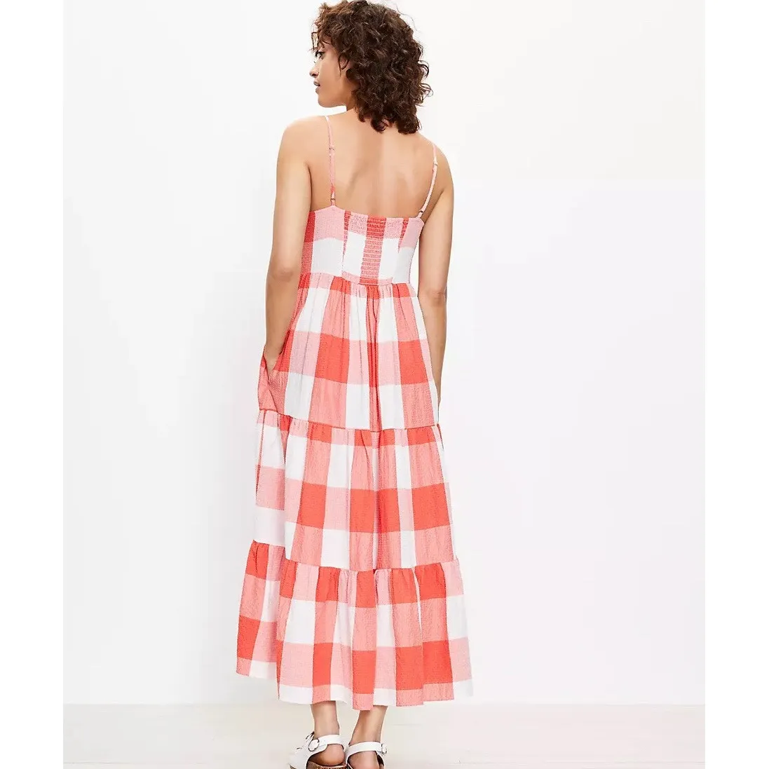 Lou & Grey Gingham Midi Dress Women Small Coral Tiered Farmhouse Peasant Cottage - Image 10