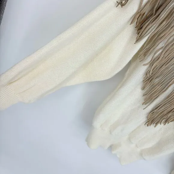 Vintage 80's Pioneer Wear Fringe Western Sweater Cream Tan Size Medium‎ Chevron - Image 4