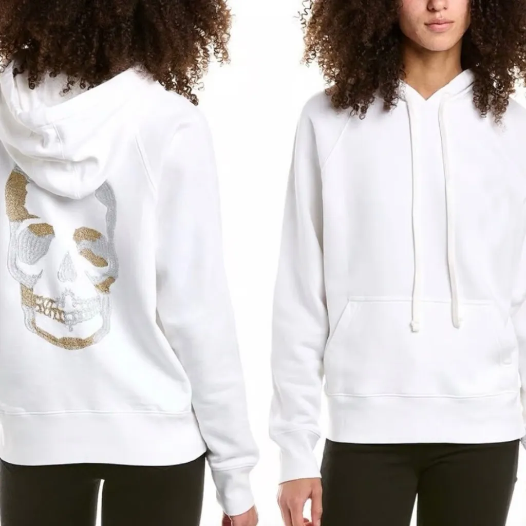 Zadig & Voltaire White Hoodie with Gold Skull Design - Image 2