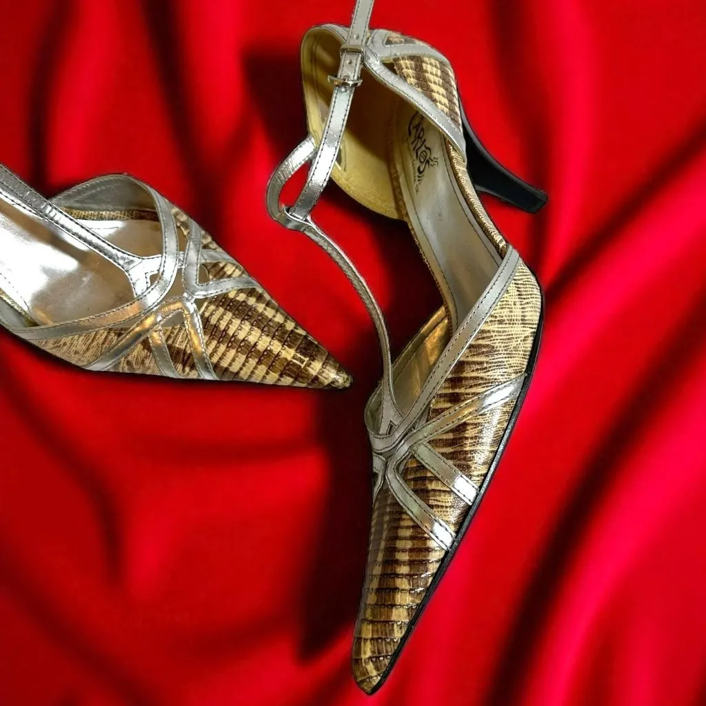 Carlos Santana Taupe and Silver T-Strap Revenge Heels Size 8 M Pointed Toe - Image 2