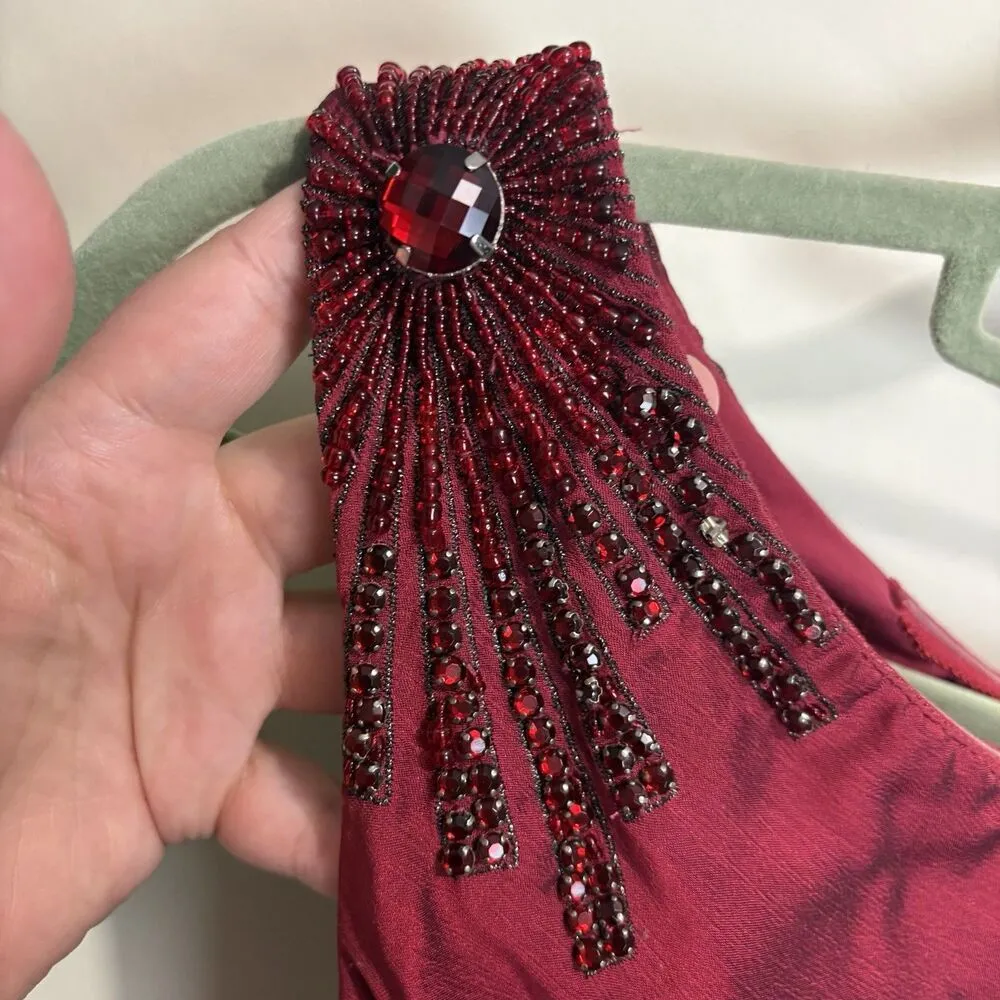 Adrianna Papell Evening Sz 12 Red One Shoulder Cocktail Dress Twist Waist Beaded - Image 3