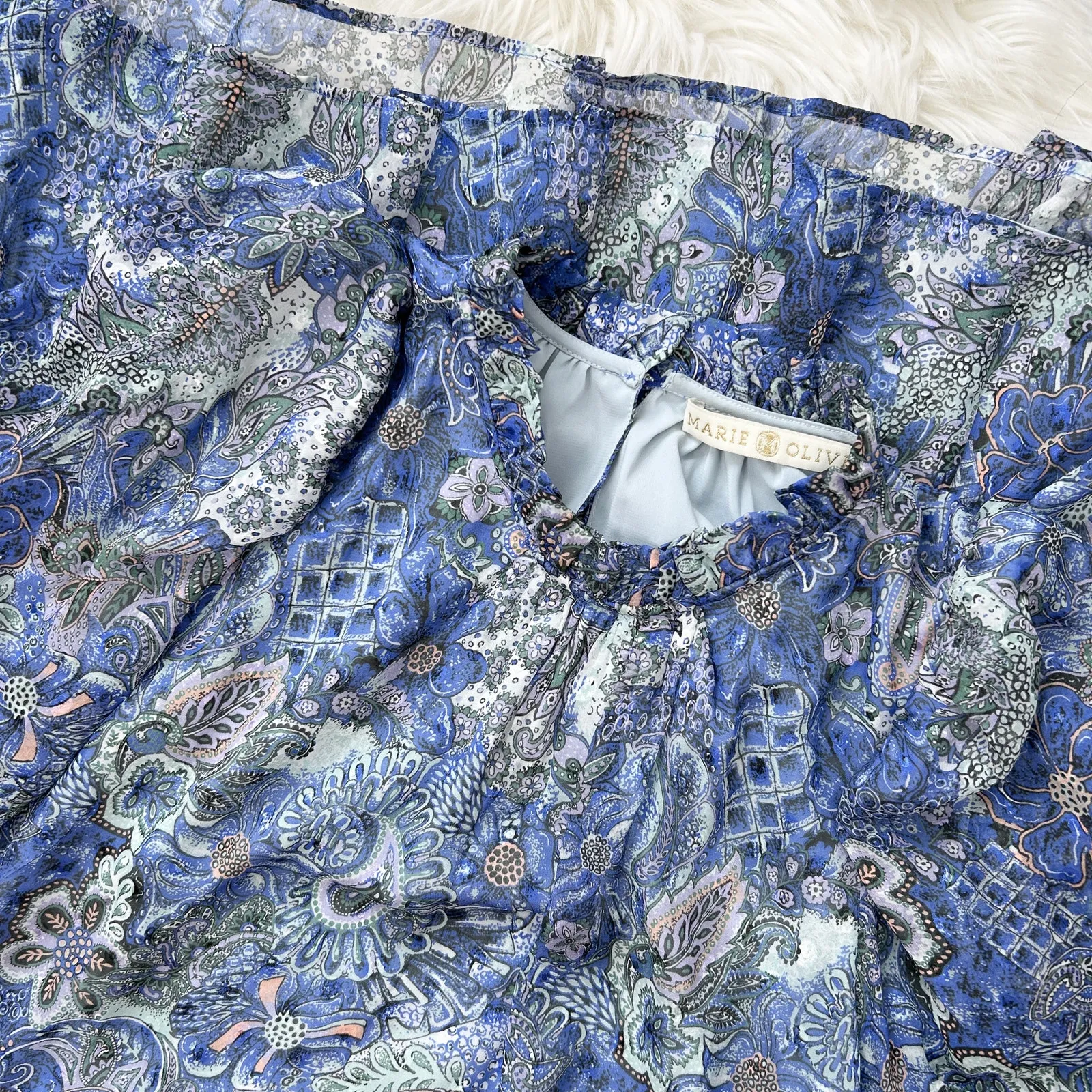 MARIE OLIVER Silk Mini Dress Size Large Paisley Ruffle Boho Chic Coastal Cowgirl - Image 3