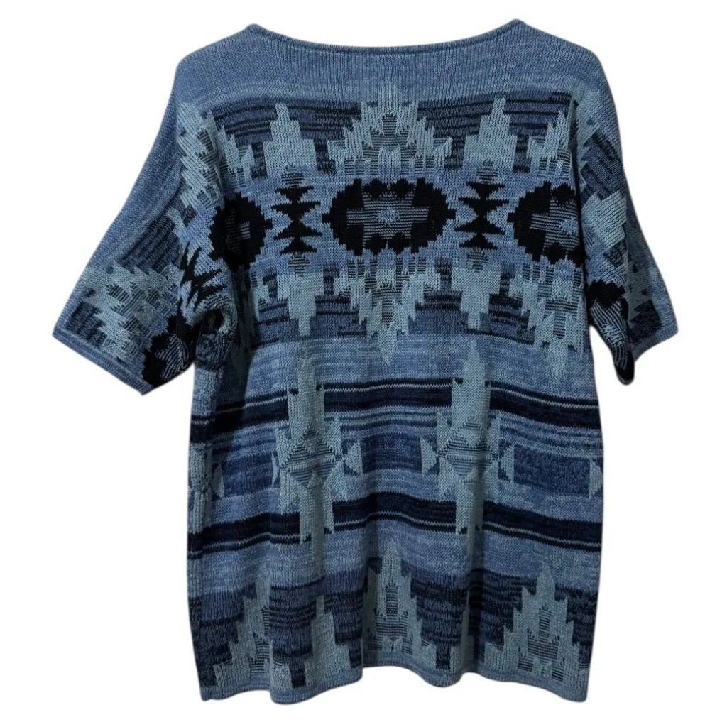 Chaps Denim Sweater Women Size XL Aztec Southwestern Short Sleeve Knit Pullover Blue - Image 2