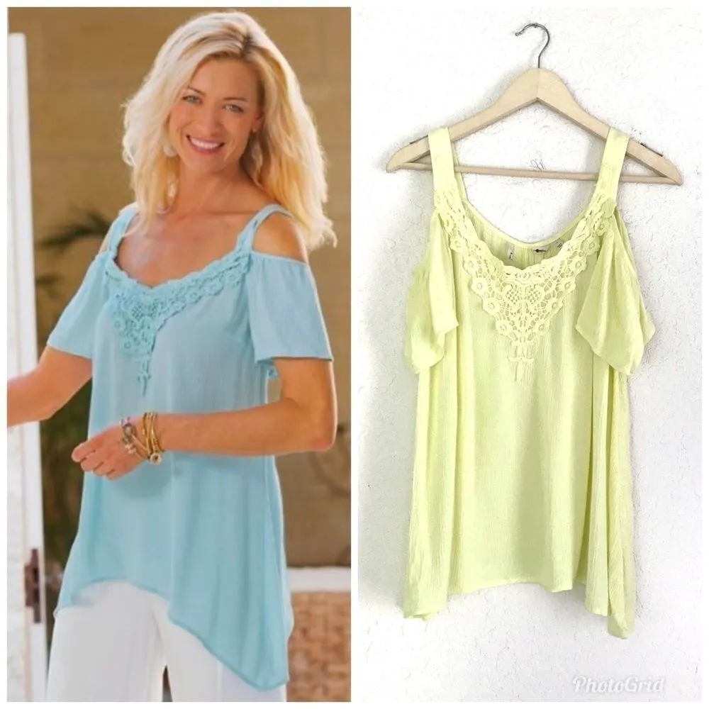 SOFT SURROUNDINGS Yellow Off The Shoulder‎ Crochet Top Cold Shoulder Size Small - Image 2