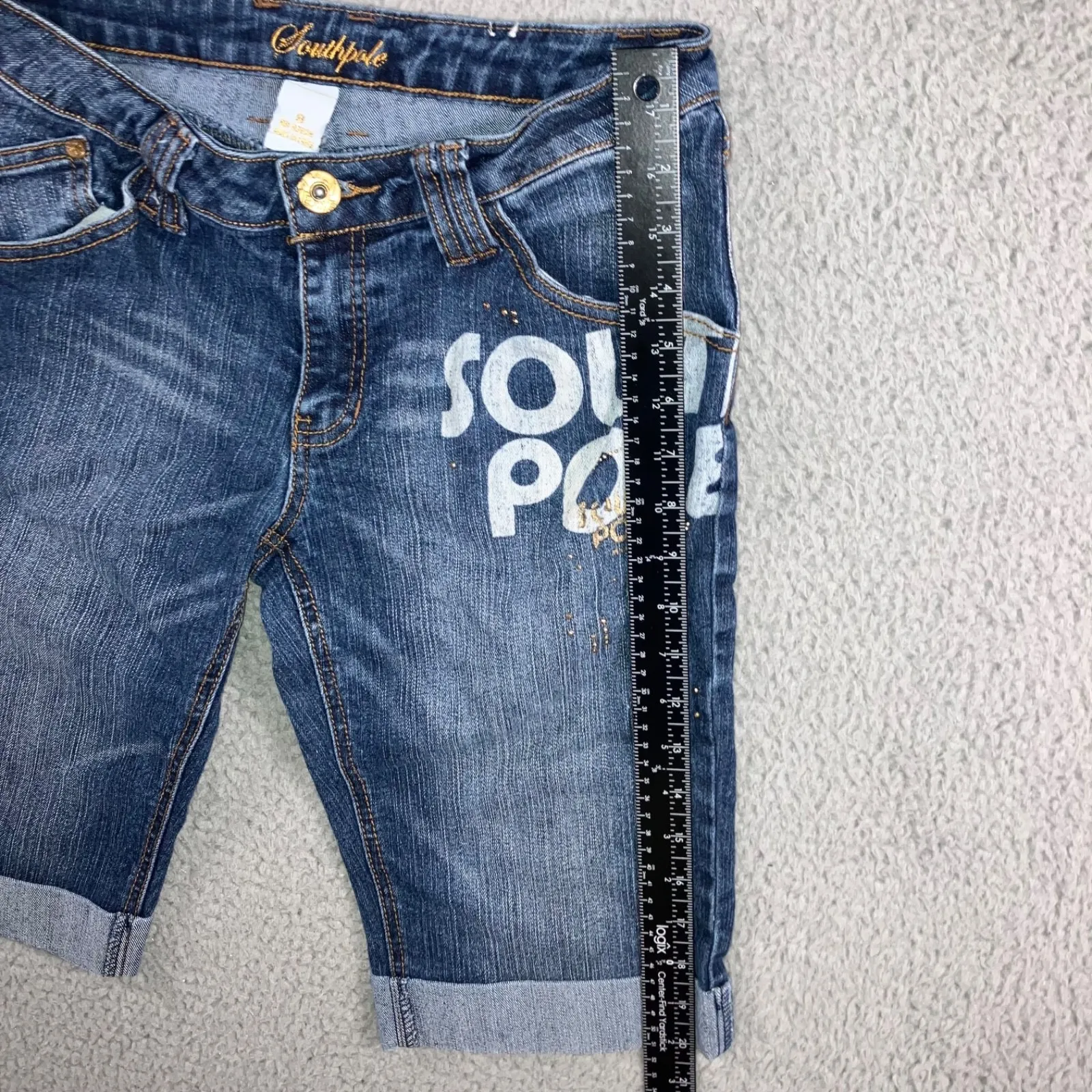 Southpole Bermuda‎ Shorts Women 9 28 Stretch Cuff Hem Logo Studs 90s Y2K Blue Size undefined - Image 4