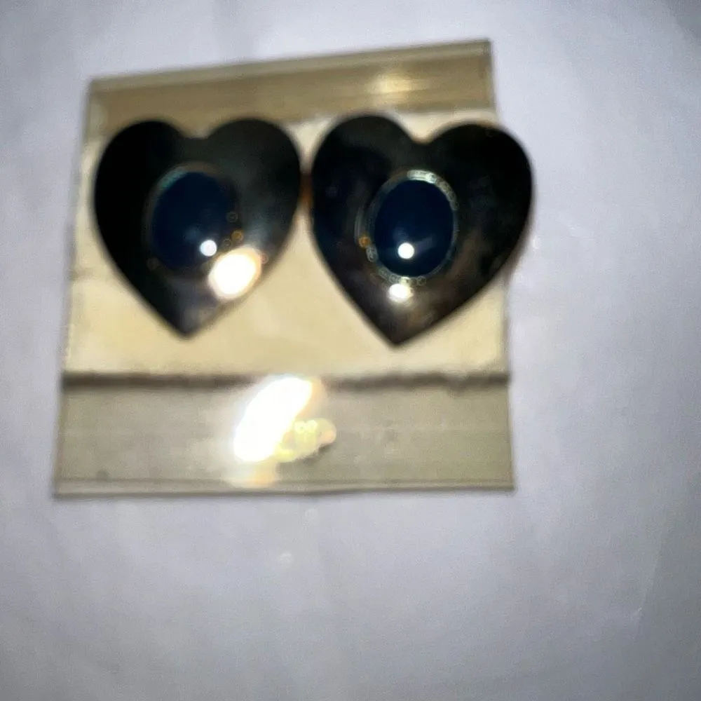 Vintage Gold Tone with Navy Blue Enameled Heart Clip on‎ Earrings Gold - Image 3