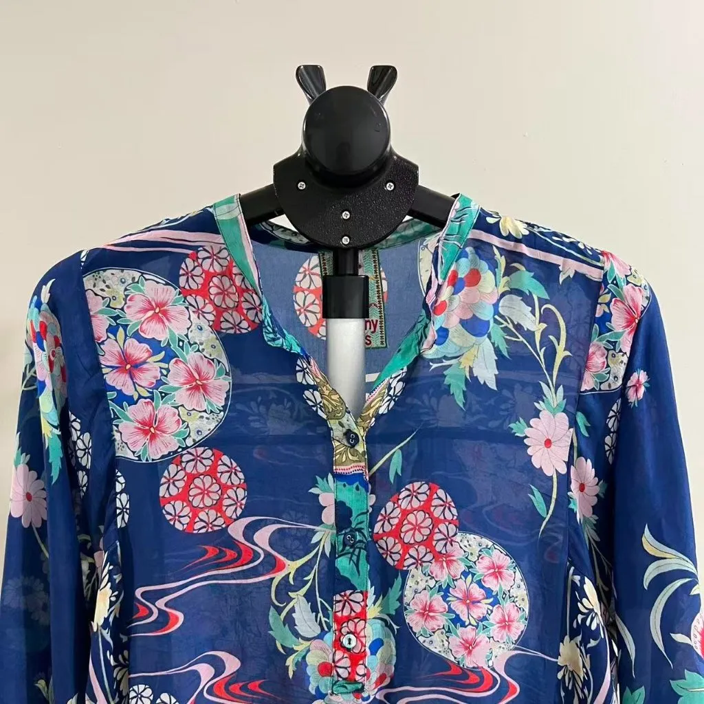 NWOT Johnny Was Blue Floral Kimono Ellyonora Half Placket Tunic Shirt Dress S - Image 4