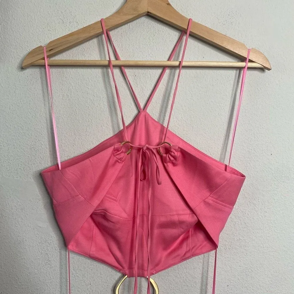 NWT Cult Gaia Dress‎ Nadeesha Cut Out O-ring Pink Halter Midi Dress Size L - Image 10