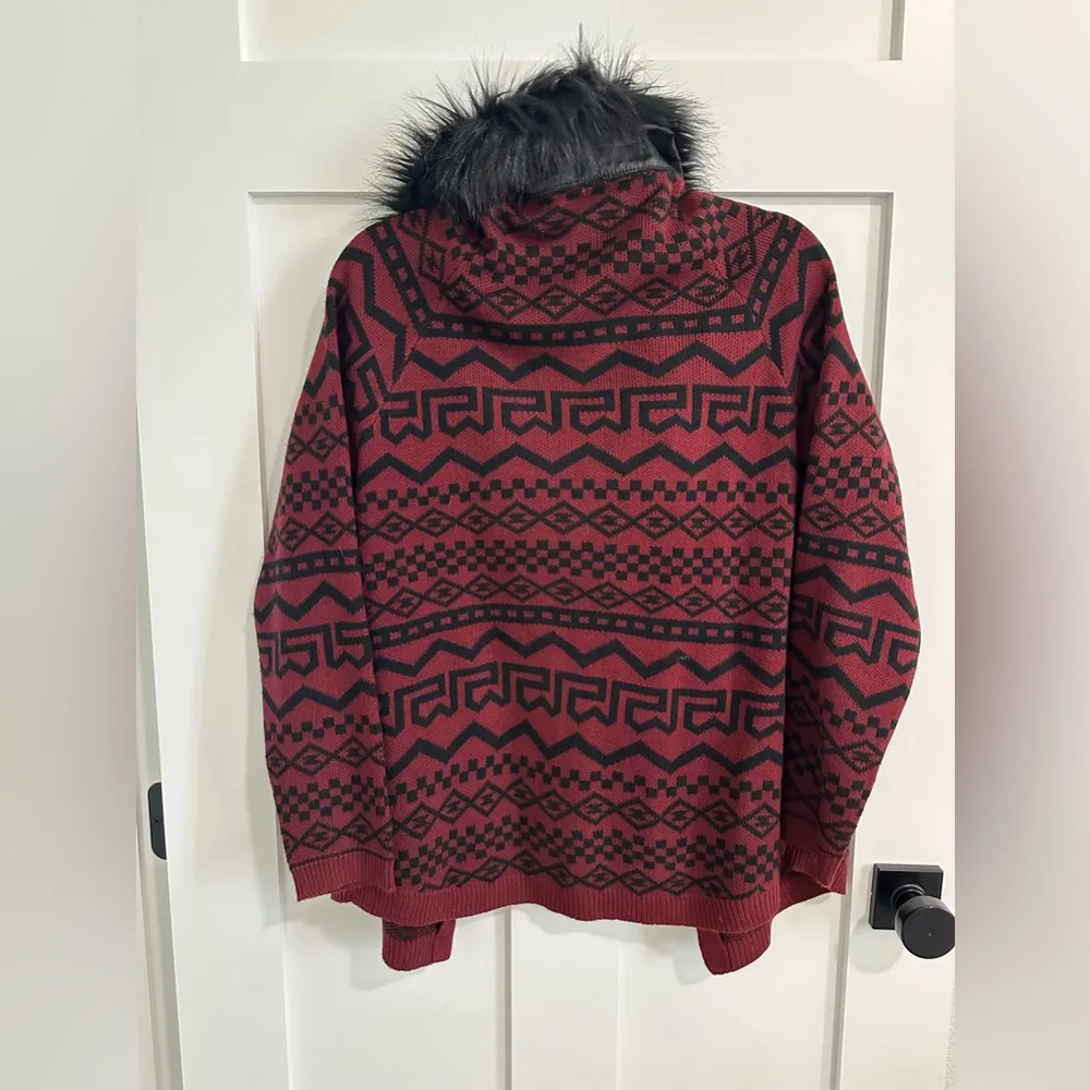 Rebellious One Size Large Open Front Cardigan with Faux Fur trim, Red and Black - Image 2