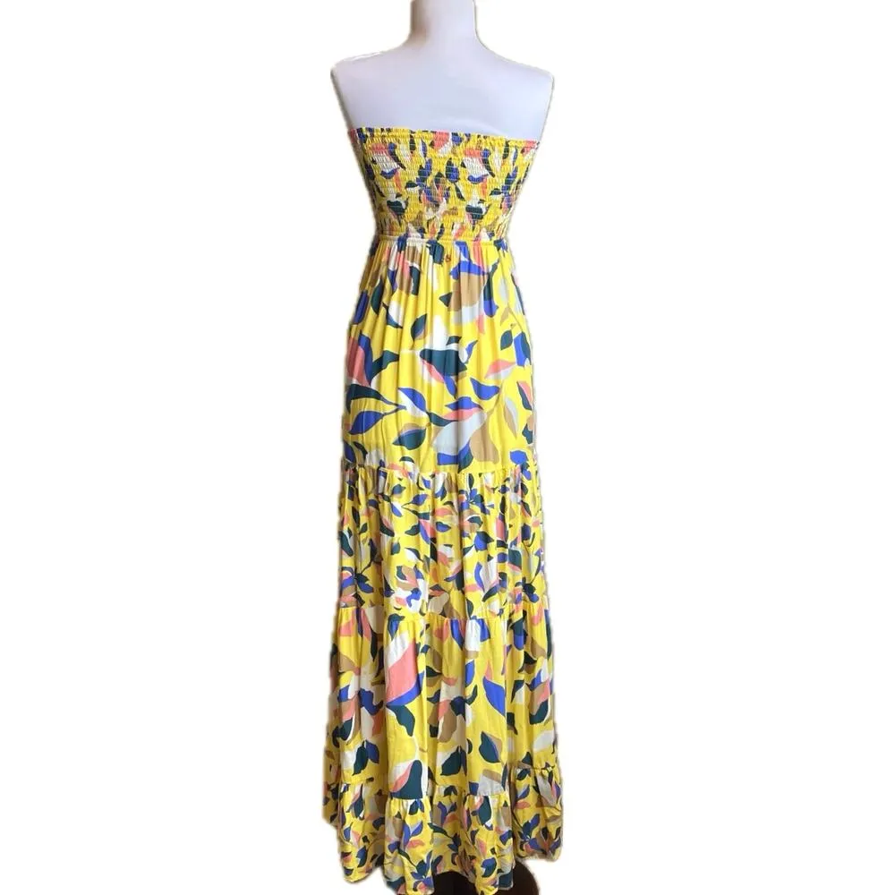NEW MAAJI Strapless Long Smocked Tiered Maxi Dress Floral Sunshine Print Size M - Image 4