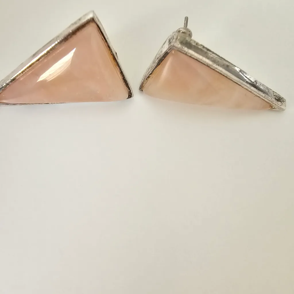 Maximalist Rose Quartz Triangle Silver Tone Metal Vintage Statement Earrings Pink - Image 3