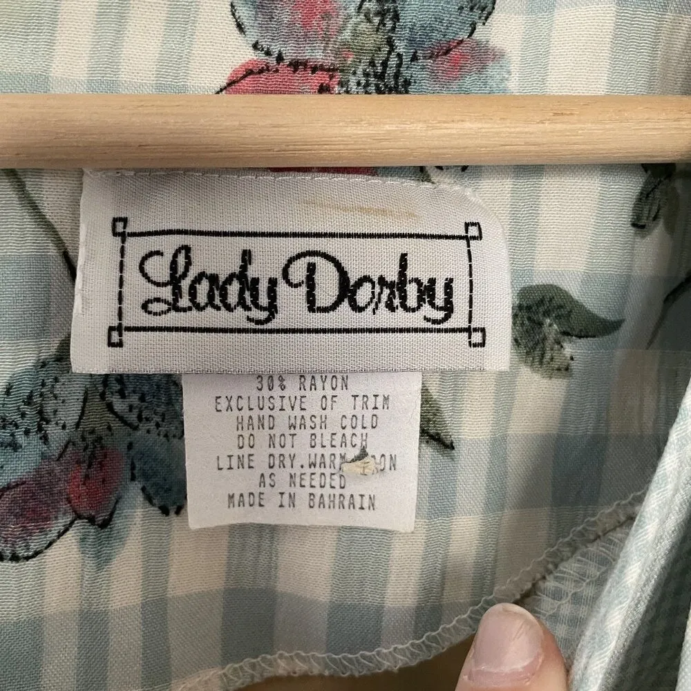 Lady Dorby vintage dress floral padded shoulders size 18 checkered green button - Image 3