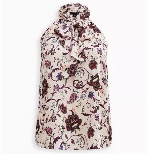 Torrid Pink Purple Floral Satin‎ Bow Tie-Front Sleeveless Halter Top Size 4X - Image 4