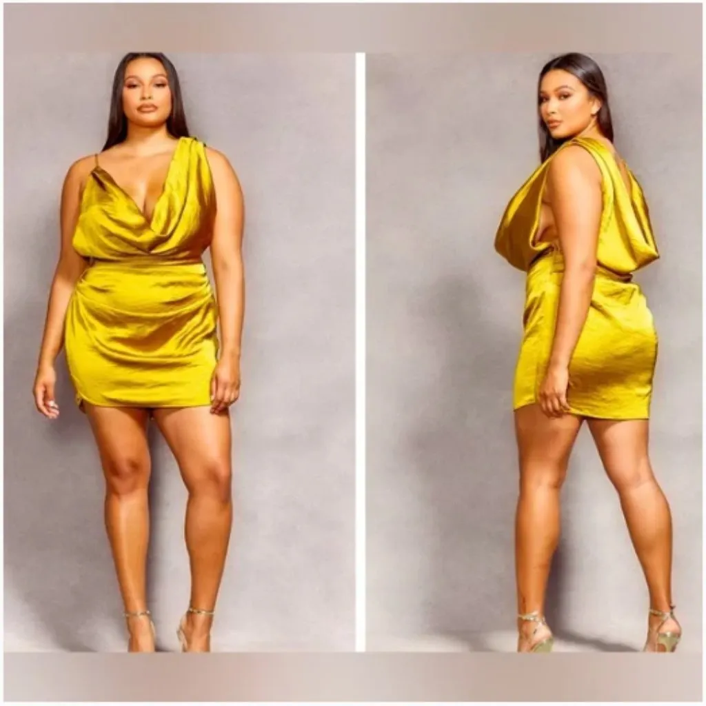 PRETTY LITTLE THING x Naomi Campbell Chartreuse Satin Extreme Cowl Bodycon Dress - Image 2