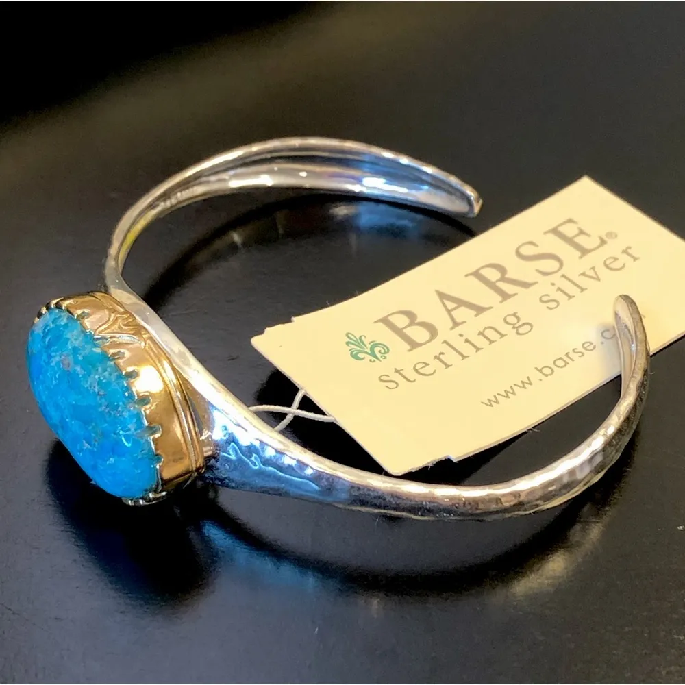 BARSE Sterling Silver Turquoise Cabochon Inlay Bangle w Brass Trim NWT - Image 6