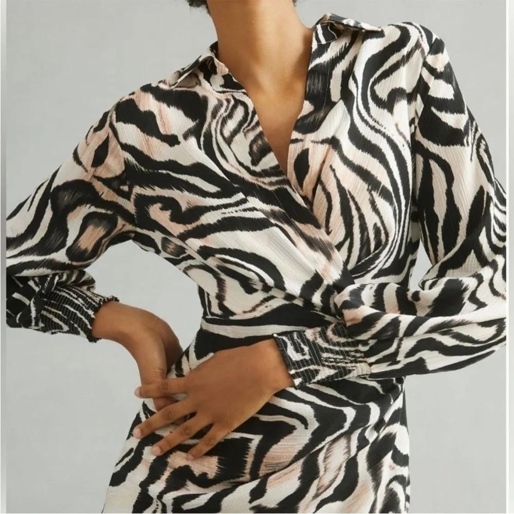 Anthropologie Zebra Print Mini Dress Faux Wrap Long Sleeves 2 - Image 3