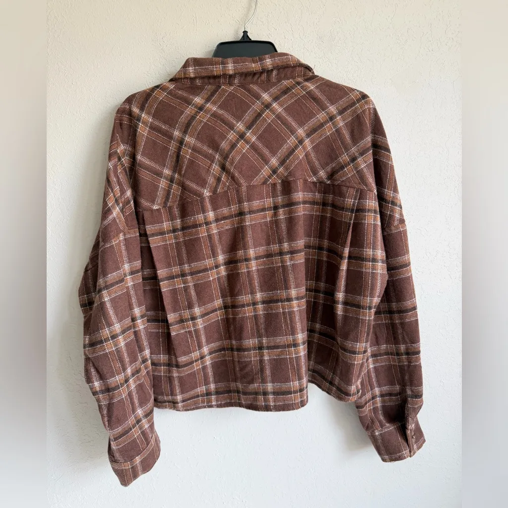 Ci Sono Brown Plaid Cropped Button Down Blouse Womens L Fall Girly Lumberjack - Image 6