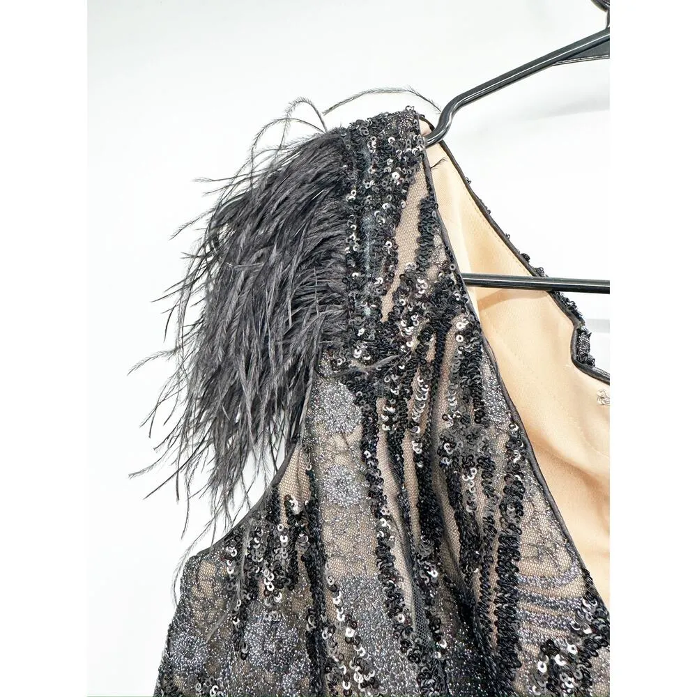 Mac Duggal 79339 Black Embellished Feather Cap Sleeve Midi Dress Size 18 New - Image 6