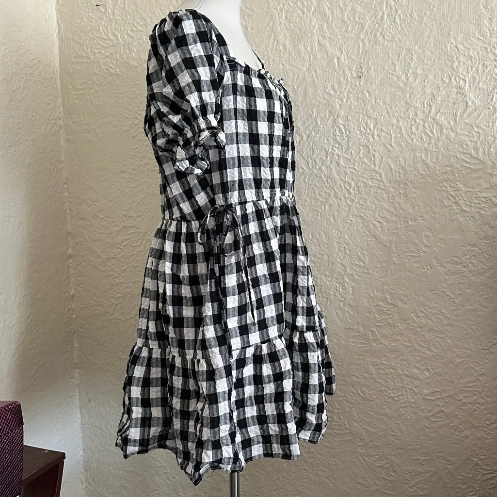 Madewell Black White Buffalo Plaid Square Neck Tiered Gingham Mini Dress Large - Image 10