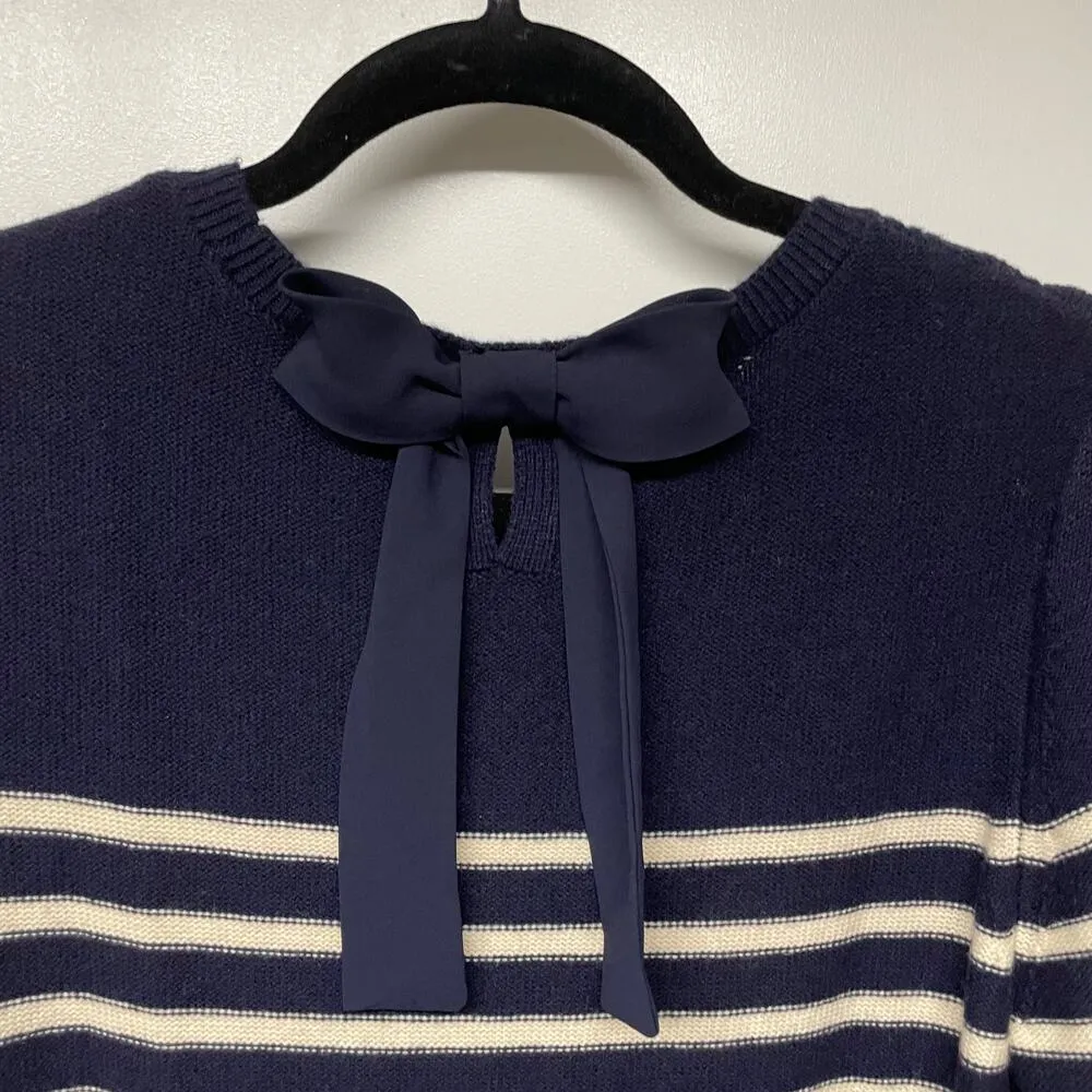 Talbots Womens Navy Blue Cream Striped Bell Sleeve Sweater Dress Bow Medium Warm - Image 3
