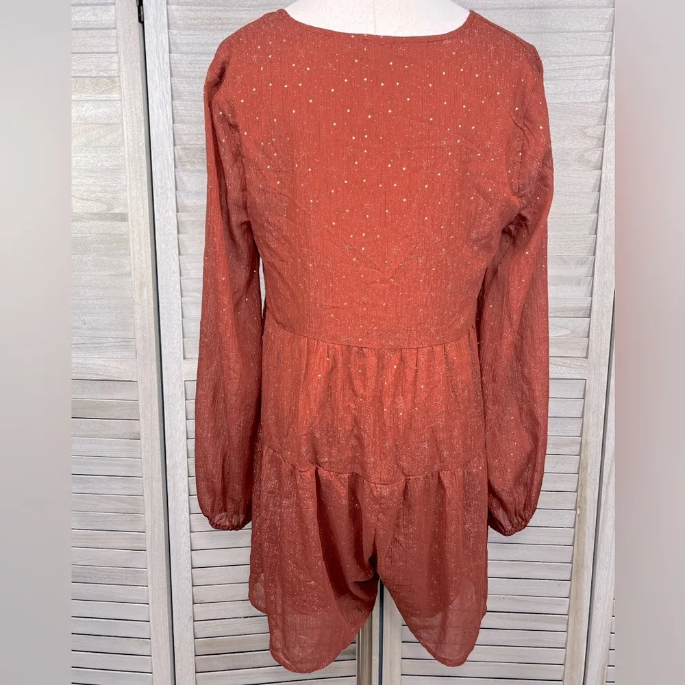 ENTRO Gauzy Boho Long Sleeve Romper Rust with Gold Stars-Medium - Image 3