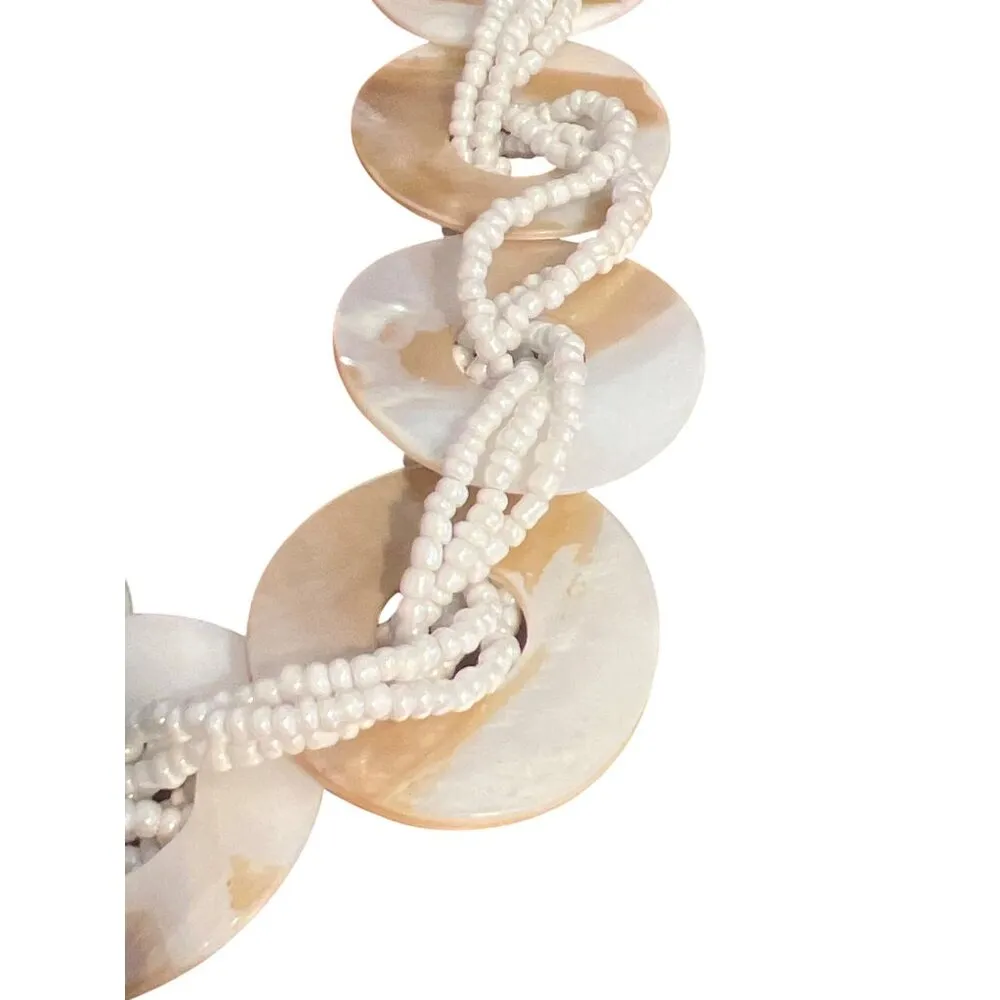 Vintage Seed Bead Shell Necklace Disc Multi Strand Twisted Chunky Vacation Adj White - Image 2