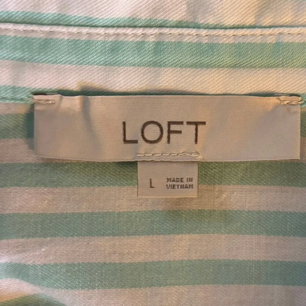 Loft Size L 100% Cotton Button Up Front Top Shirt Green White Stripe Oversized - Image 3