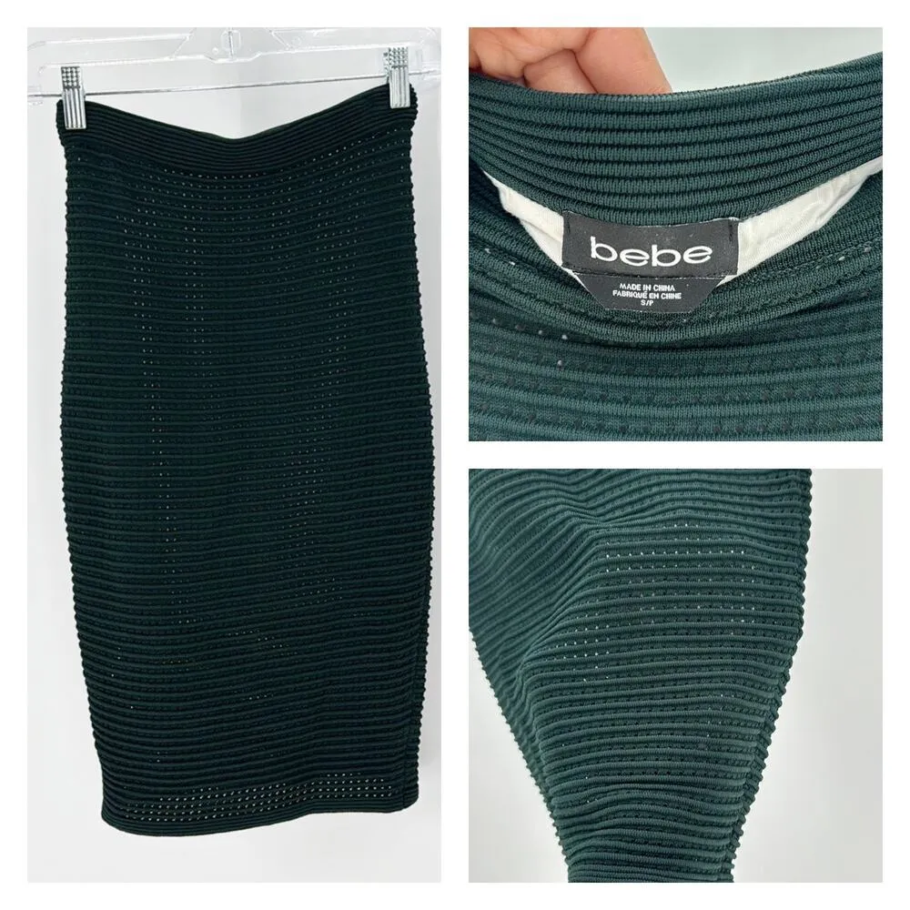 BEBE GREEN open KNIT SKIRT Richly textured bodycon midi form fitting - Image 2