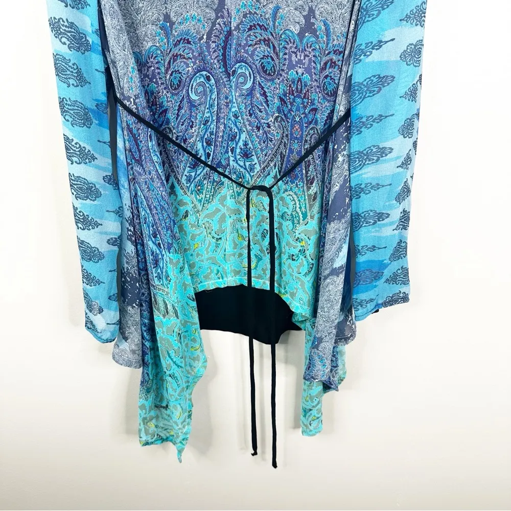 CITRON Silk Blouse Womens Large Handkerchief Hem Blue Flowy Long Sleeves - Image 4