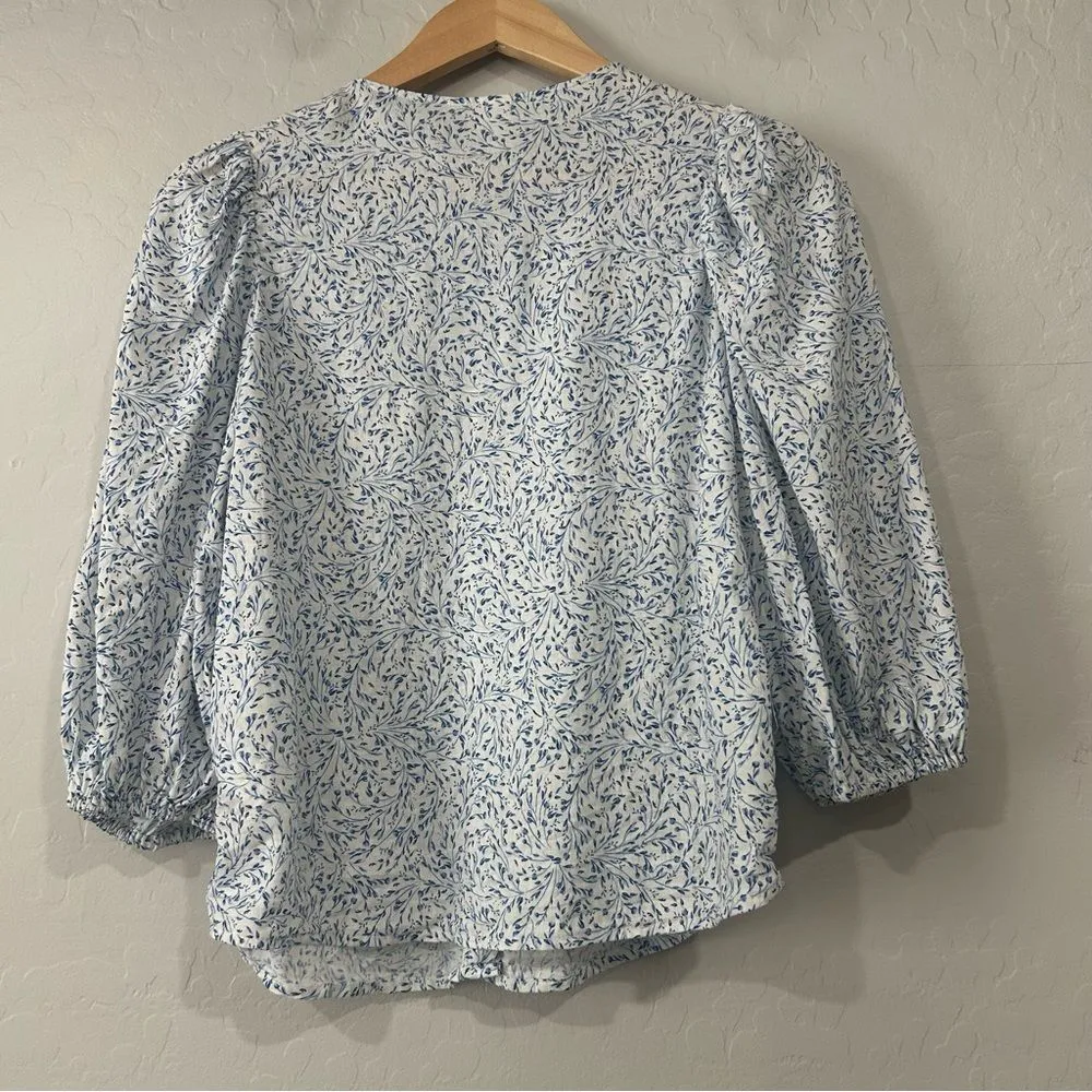 H&M Linen Blend Balloon Sleeve Blouse Women’s Small White Blue Floral Romantic - Image 7