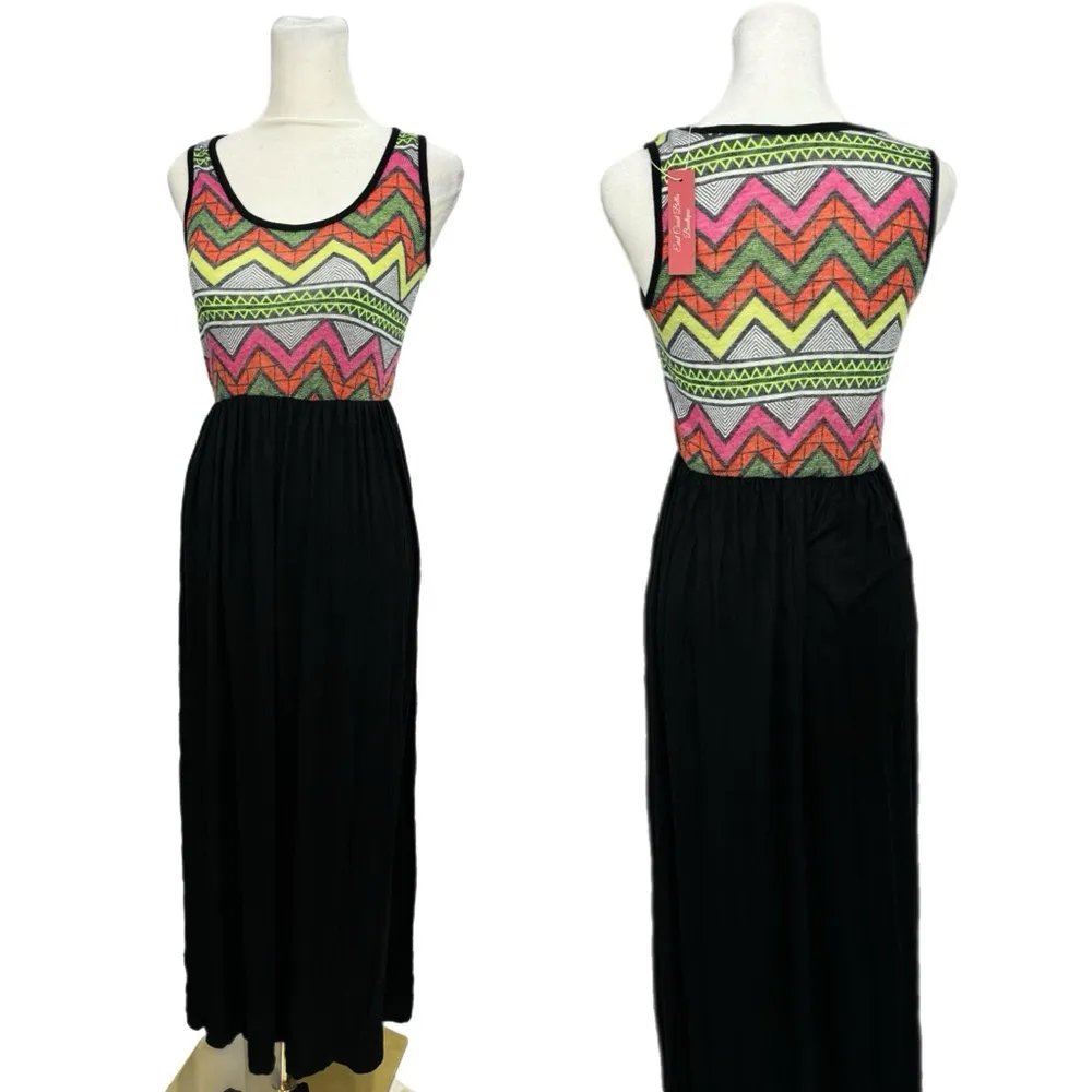 New 42POPS Boho Maxi Sleeveless Tank Dress Chevron Festival Sz Medium USA Made Black - Image 3