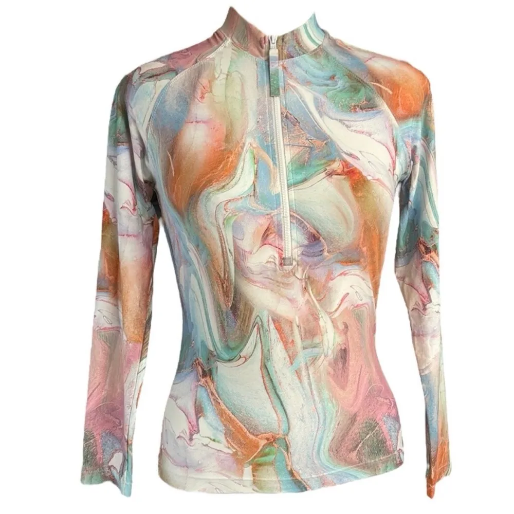 Johnny Was Calme Surf Shirt Multi Pastel Marbled 1/3 Zip Fitted NWT Size XXL - Image 2