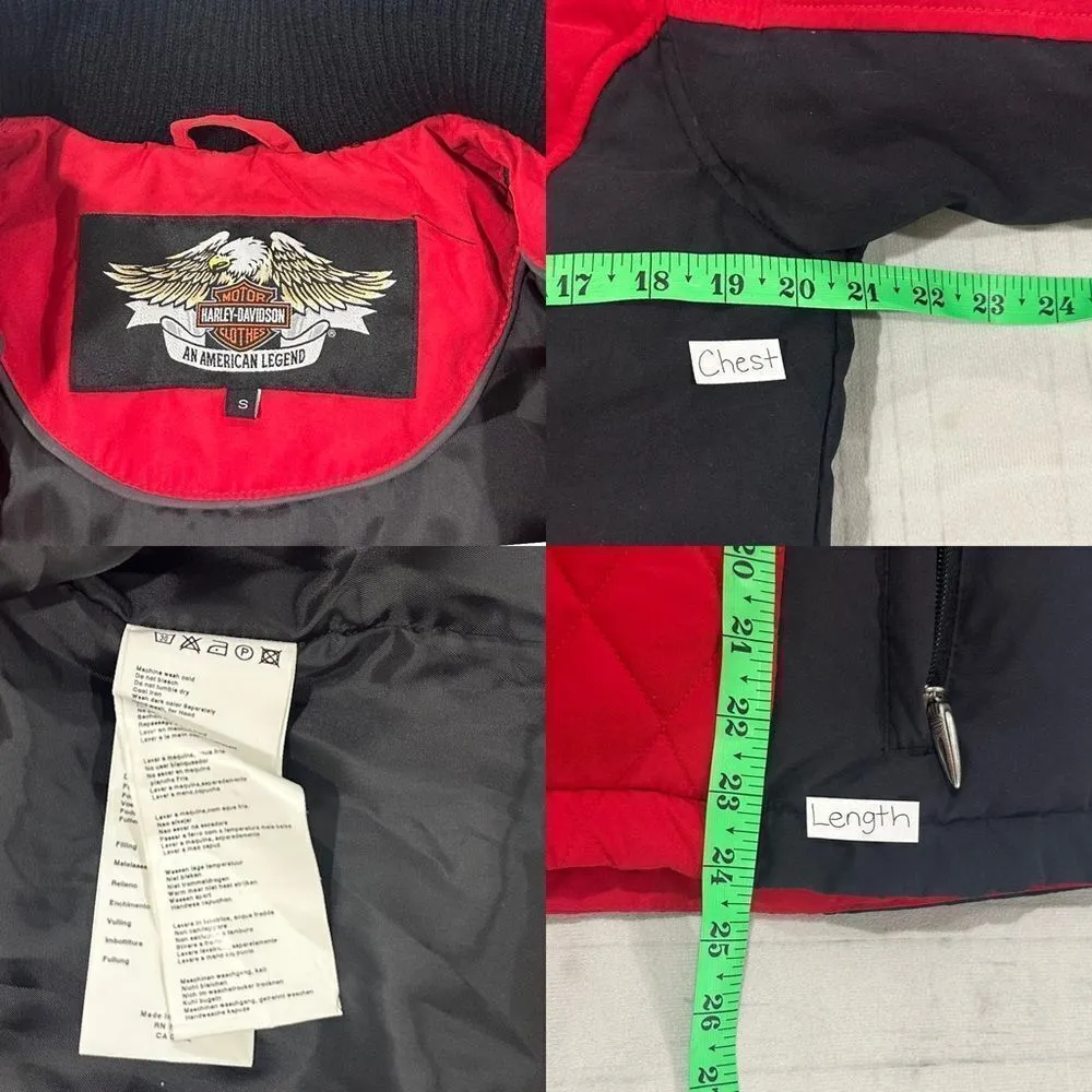 Harley Davidson Womens Small Red Black Quilted Down Feather Jacket Logo Biker - Image 5
