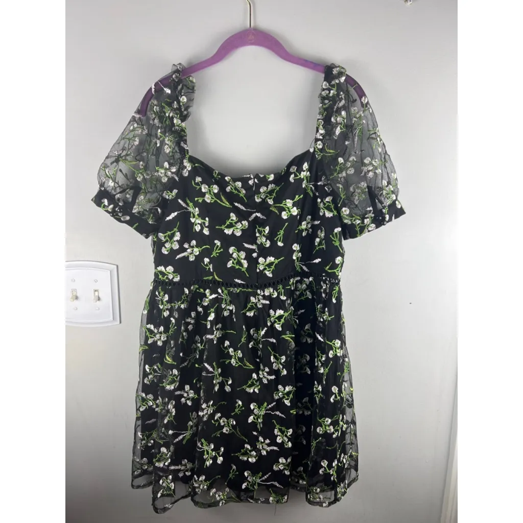 Lulus Black Floral Embroidered Mesh Dress XL Puff Sleeve Whimsy Goth Soft - Image 6