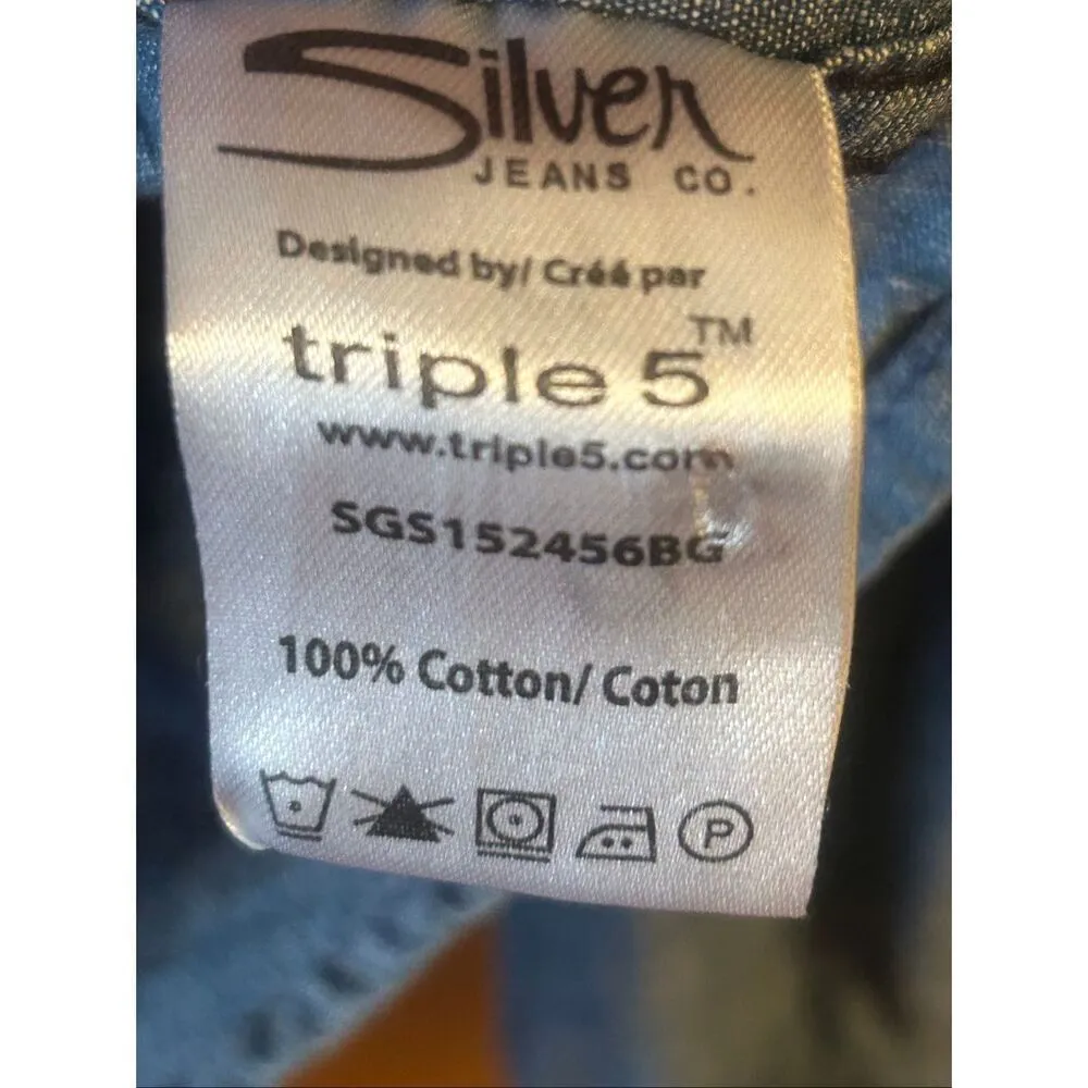 Silver Jeans Western Denim Shirt Medium Wash Pearl Snap Buttons Size Large (5649 - Image 5