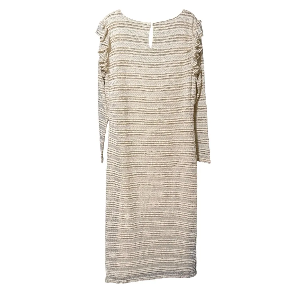 dRA Los Angeles Cream Beige Crochet Striped Midi Dress Ruffle Sleeves Large Tan - Image 4