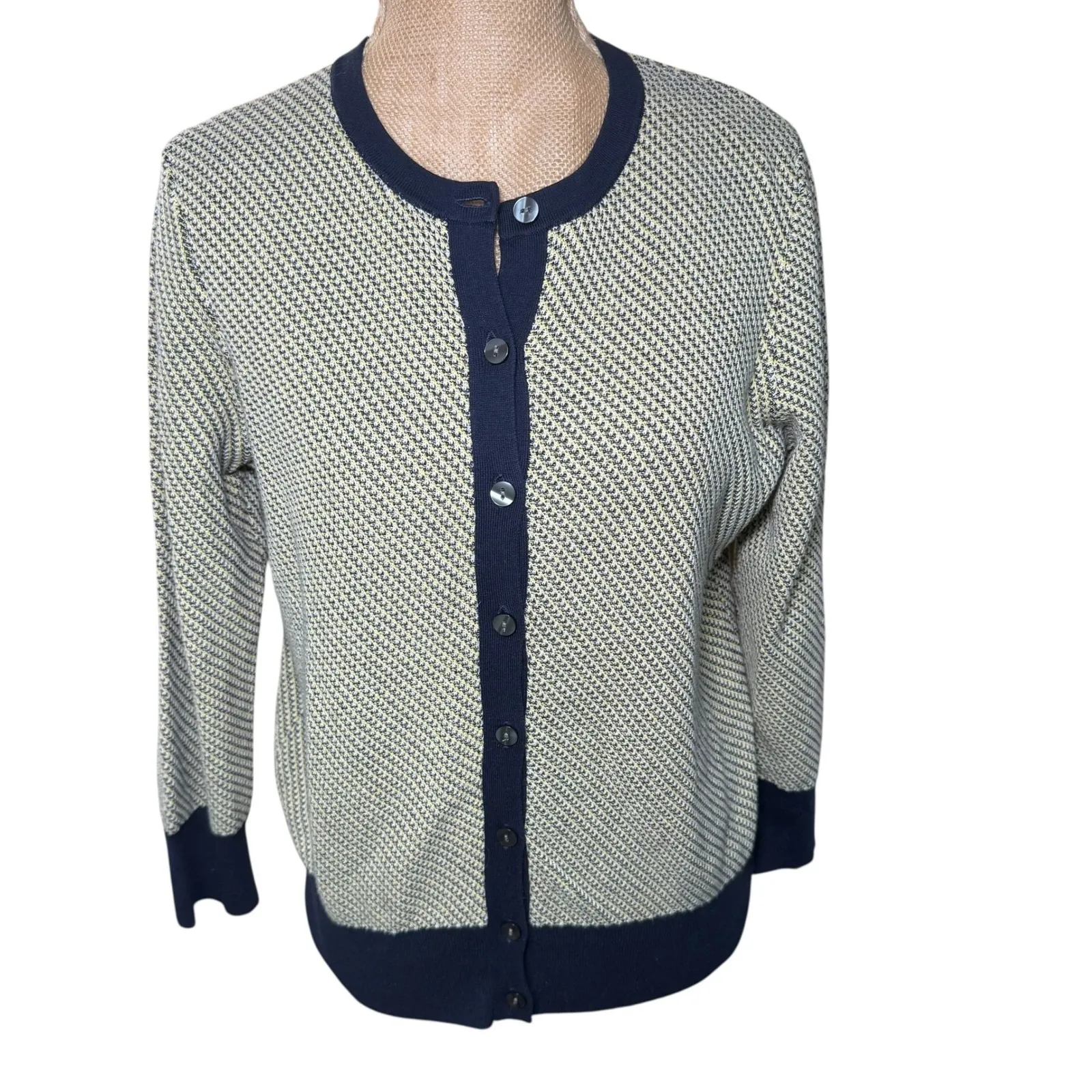 Ann Taylor Factory‎ Navy & Tan Geometric Knit Button Cardigan Office Classic - Image 3