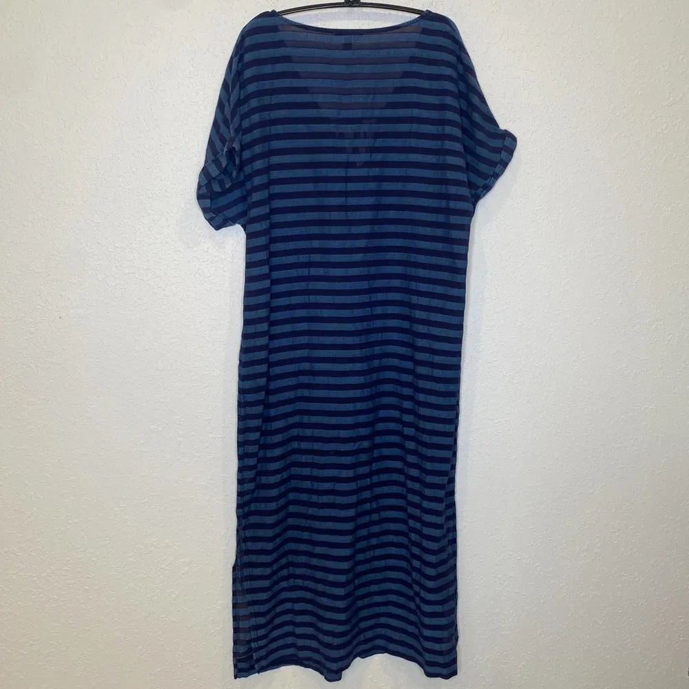 J. Crew Maxi Lightweight Blue Striped Kaftan Dress V-Neck EUC Sz M Cotton - Image 6