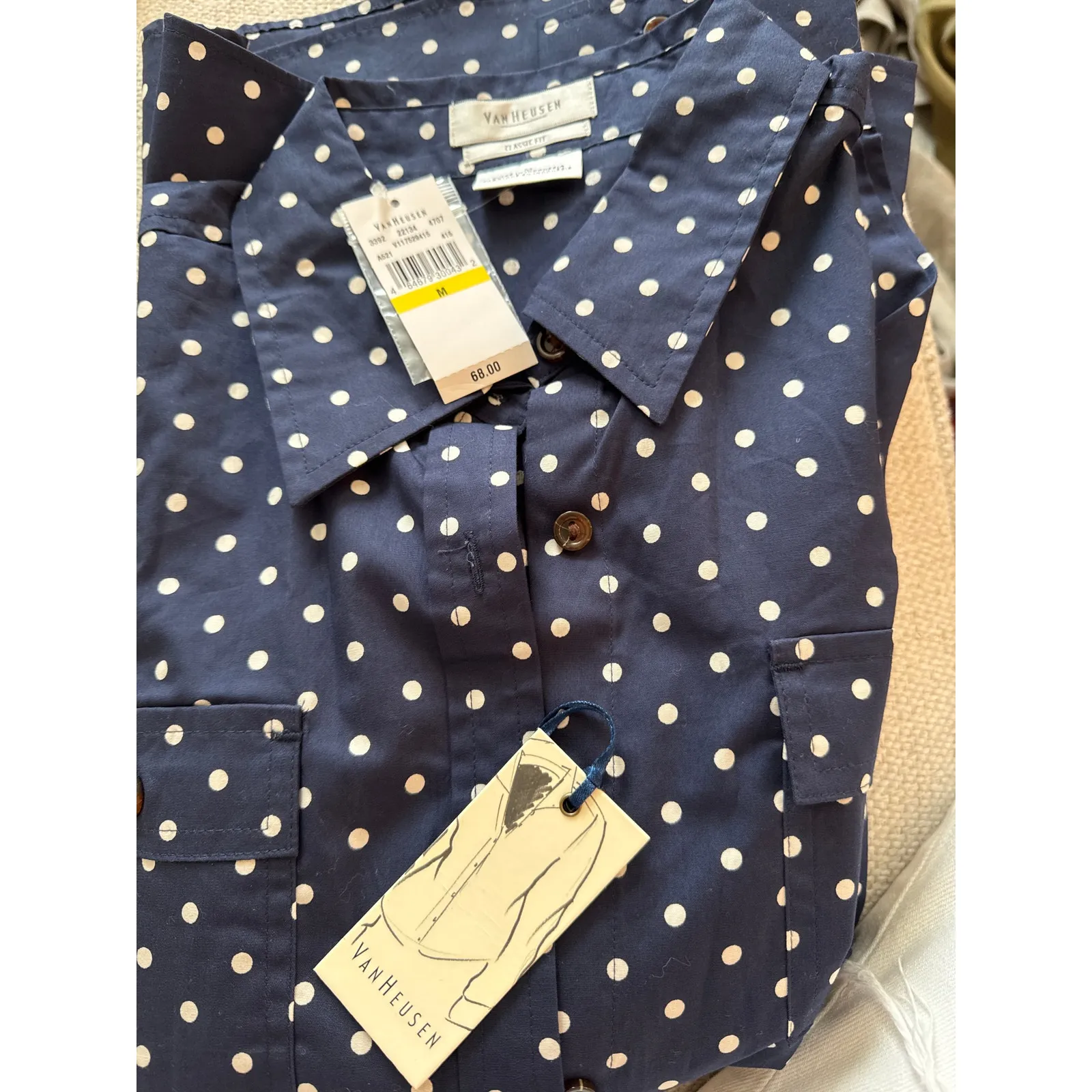 NWT Van Heusen Polka Dot Button Down Shirt Classic Fit Blue Women's Size Medium - Image 3