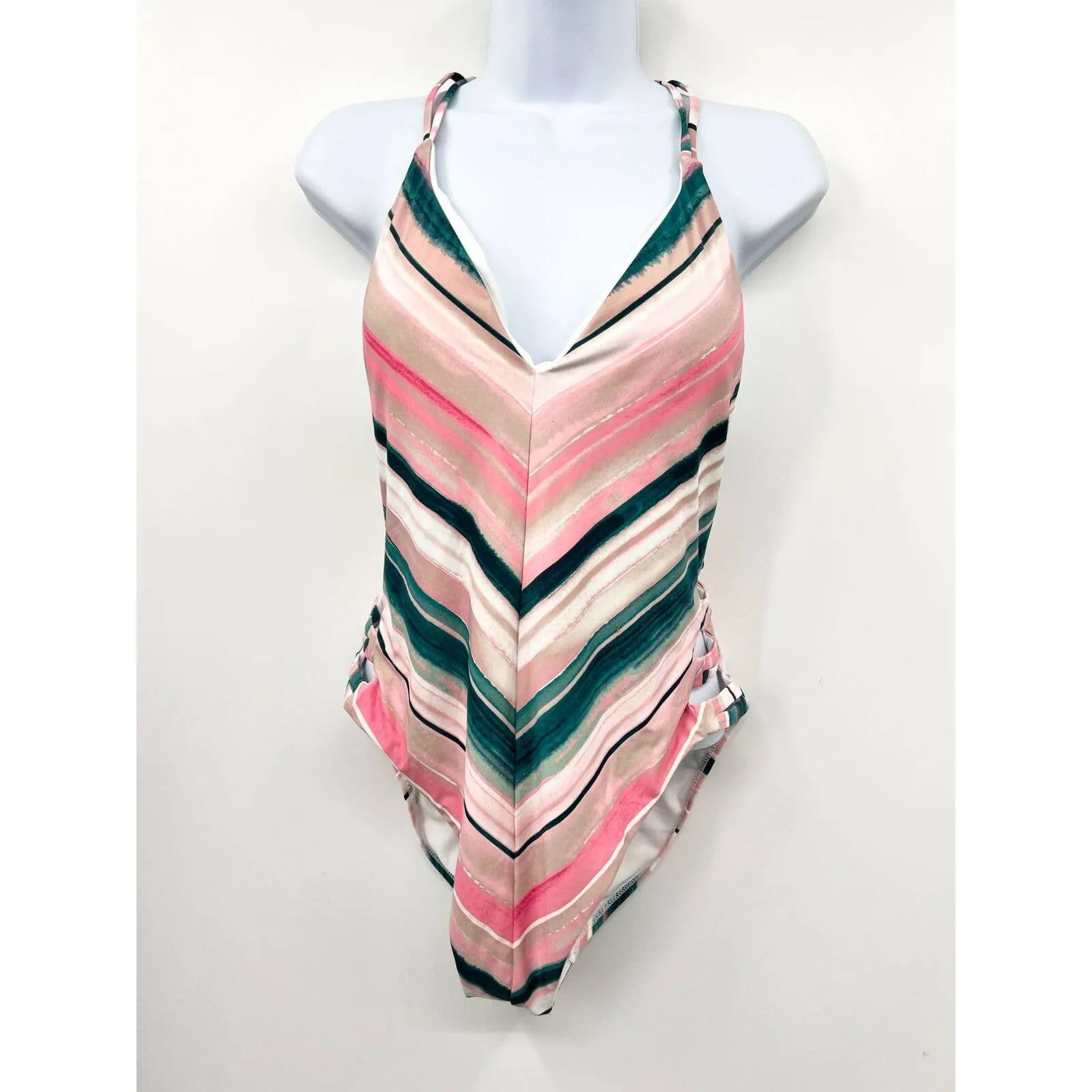 Bikini Lab Women's One‎ Piece Swimsuit Size XXL V-Plunge Striped Thong Strappy - Image 3