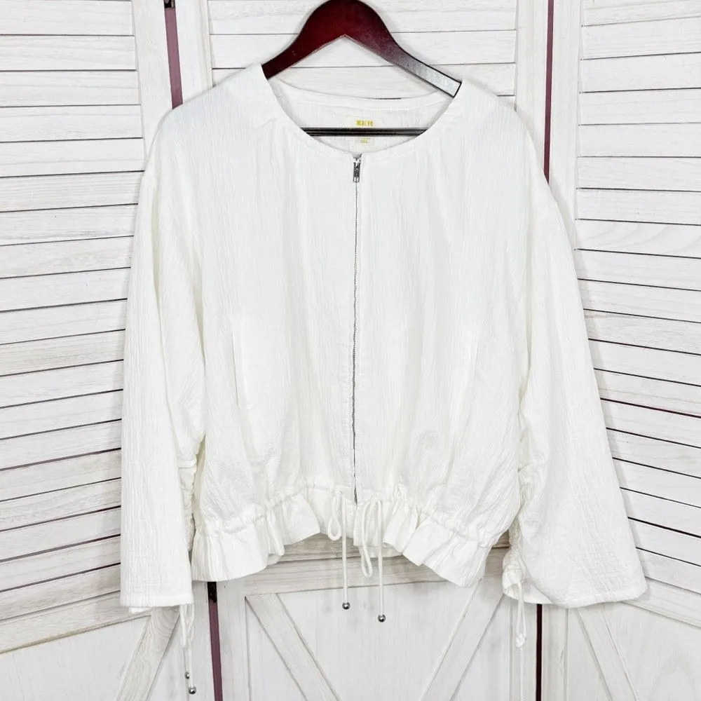 Maeve Anthropologie Beach Parachute Bomber Jacket White XL Scrunch Tie Zip Front - Image 10