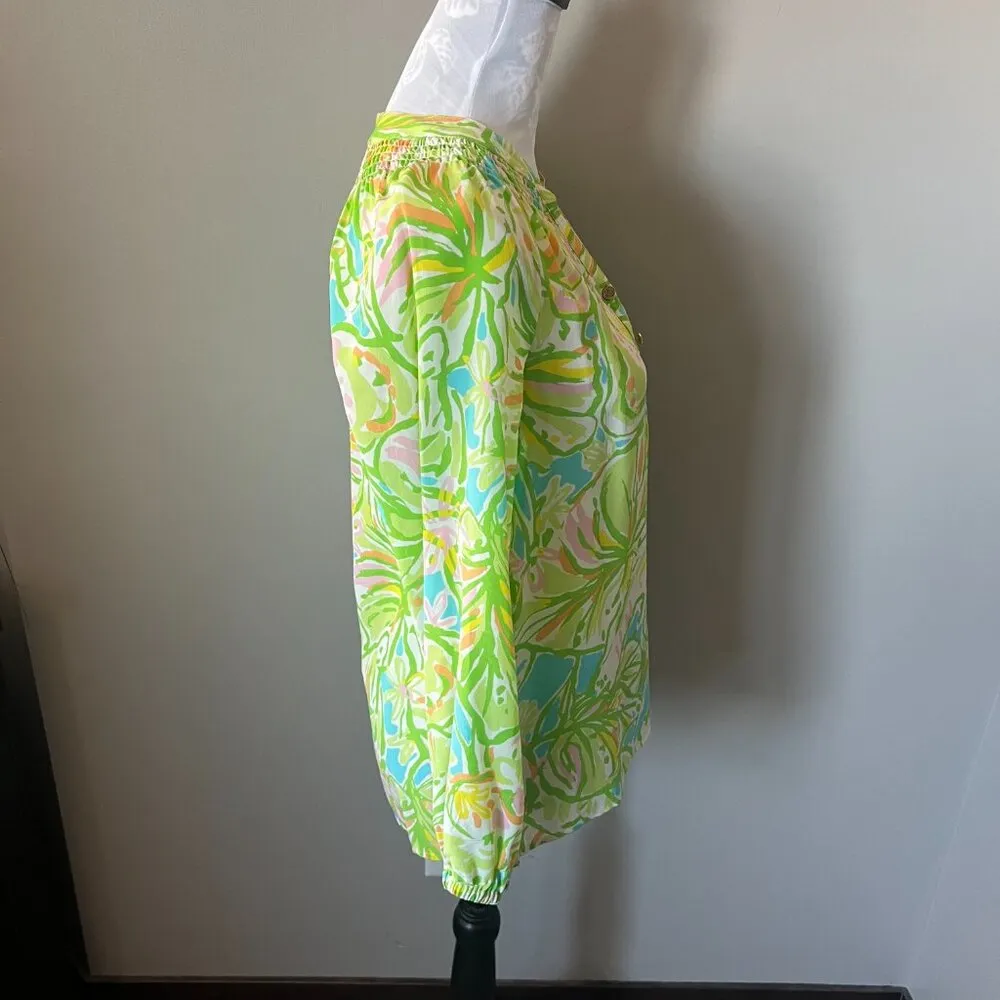 Lilly Pulitzer Elsa Top Blouse Silk Long Sleeve Elephant Ears Print Womens XS - Image 5